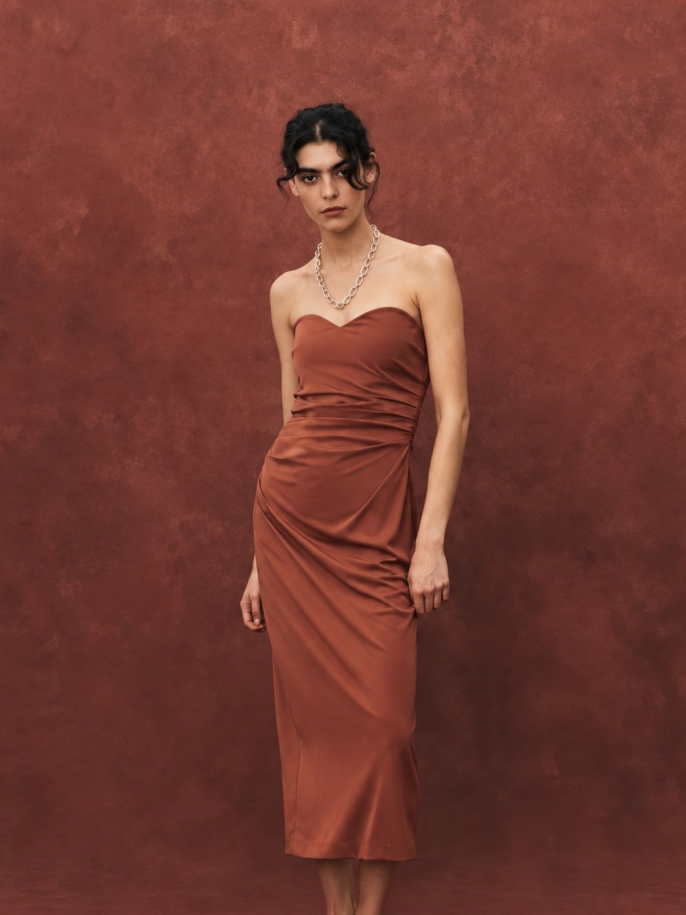 Zara Ruched Strapless Sweetheart Midi Dress Terracotta | Large | NWT